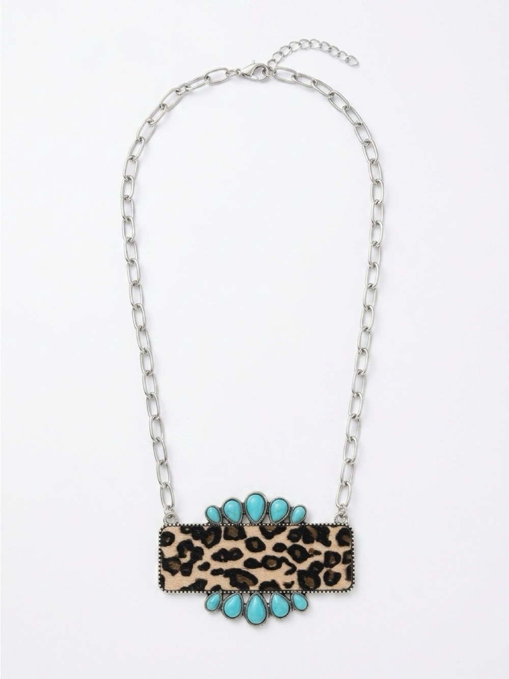Fashion Jewelry Silver-Tone Leopard Bar Necklace with Turquoise Accents